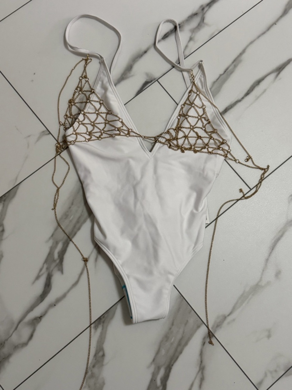 JSCatalog White One-Piece Swimsuit with Gold Chain Macramé